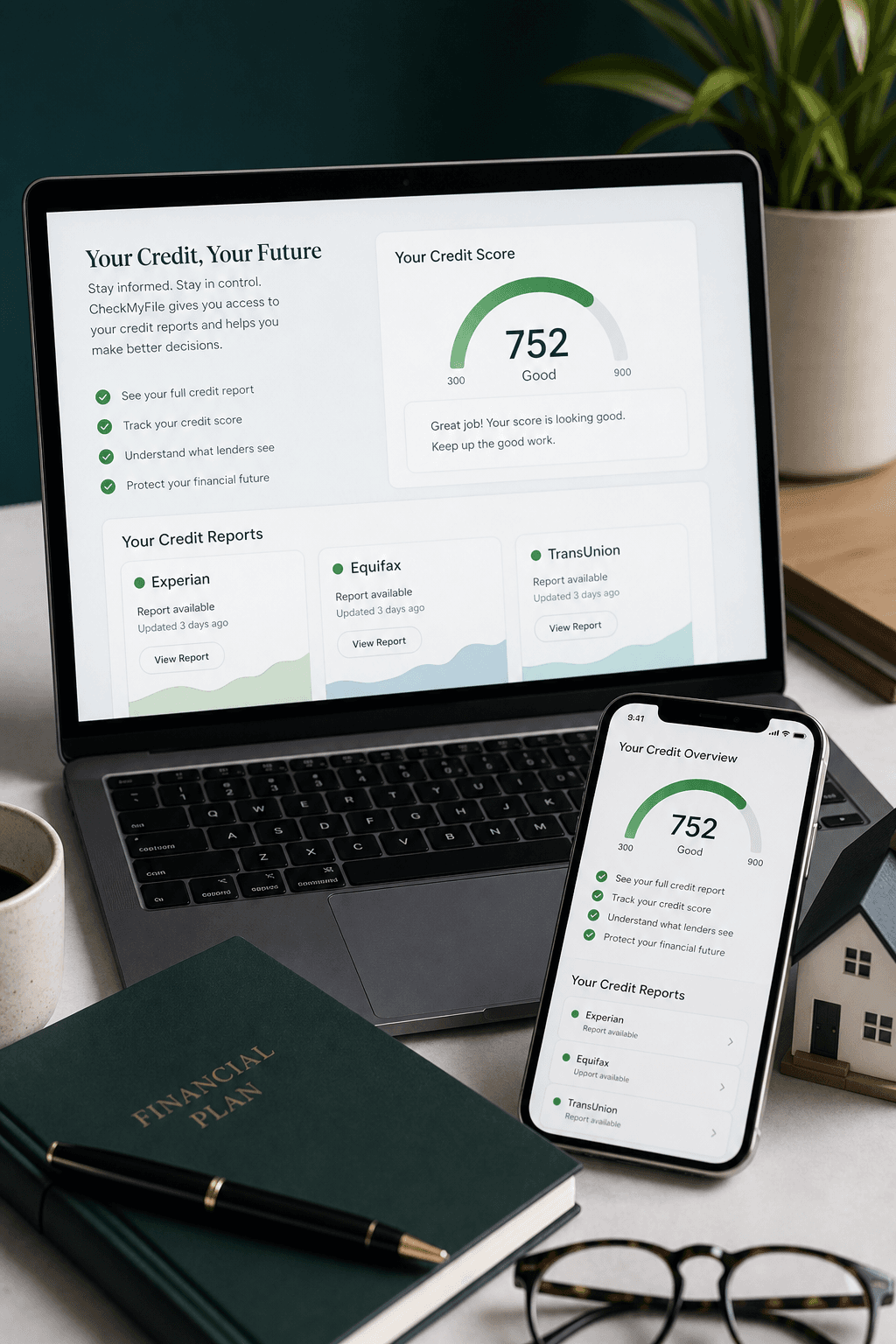 Laptop and phone showing a credit report dashboard