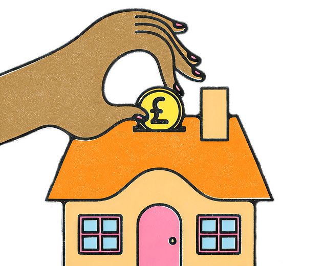 Illustration of a hand placing a pound coin into a house-shaped bank