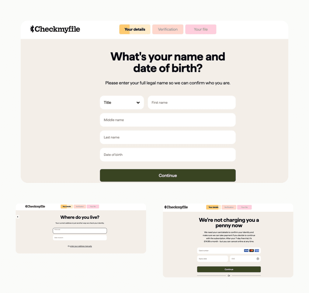 CheckMyFile screens for name, date of birth, address and card details