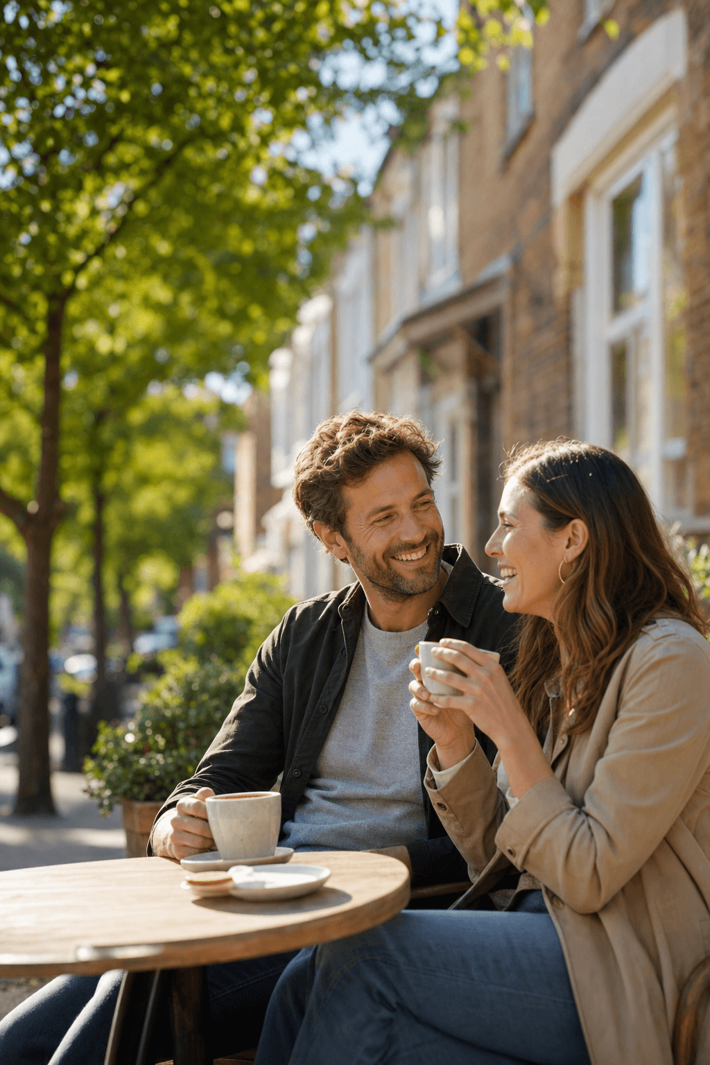 A couple enjoying a relaxed coffee on a sunny morning, enjoying the freedom that comes from building a property portfolio