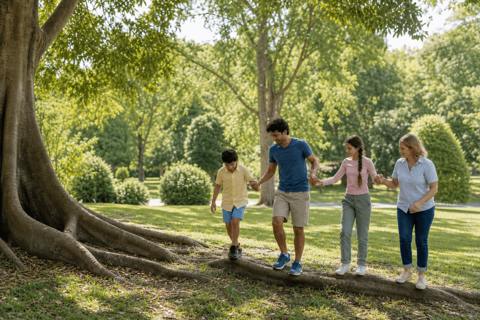 A mixed Indian and British family helping each other balance along the roots of a large banyan tree in a park