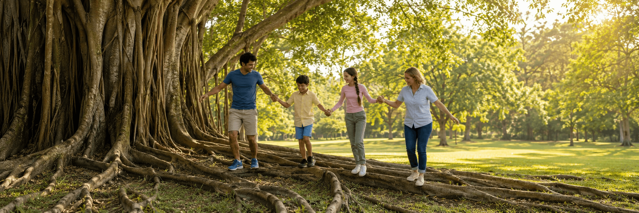 A mixed Indian and British family helping each other balance along the roots of a large banyan tree in a park