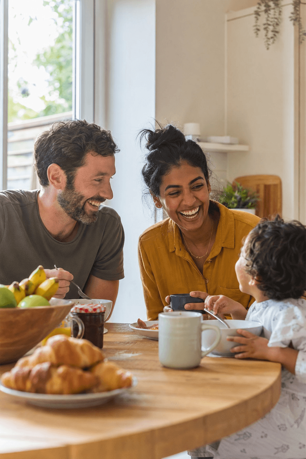 A family enjoying a calm breakfast together, with everyday life continuing because income is protected