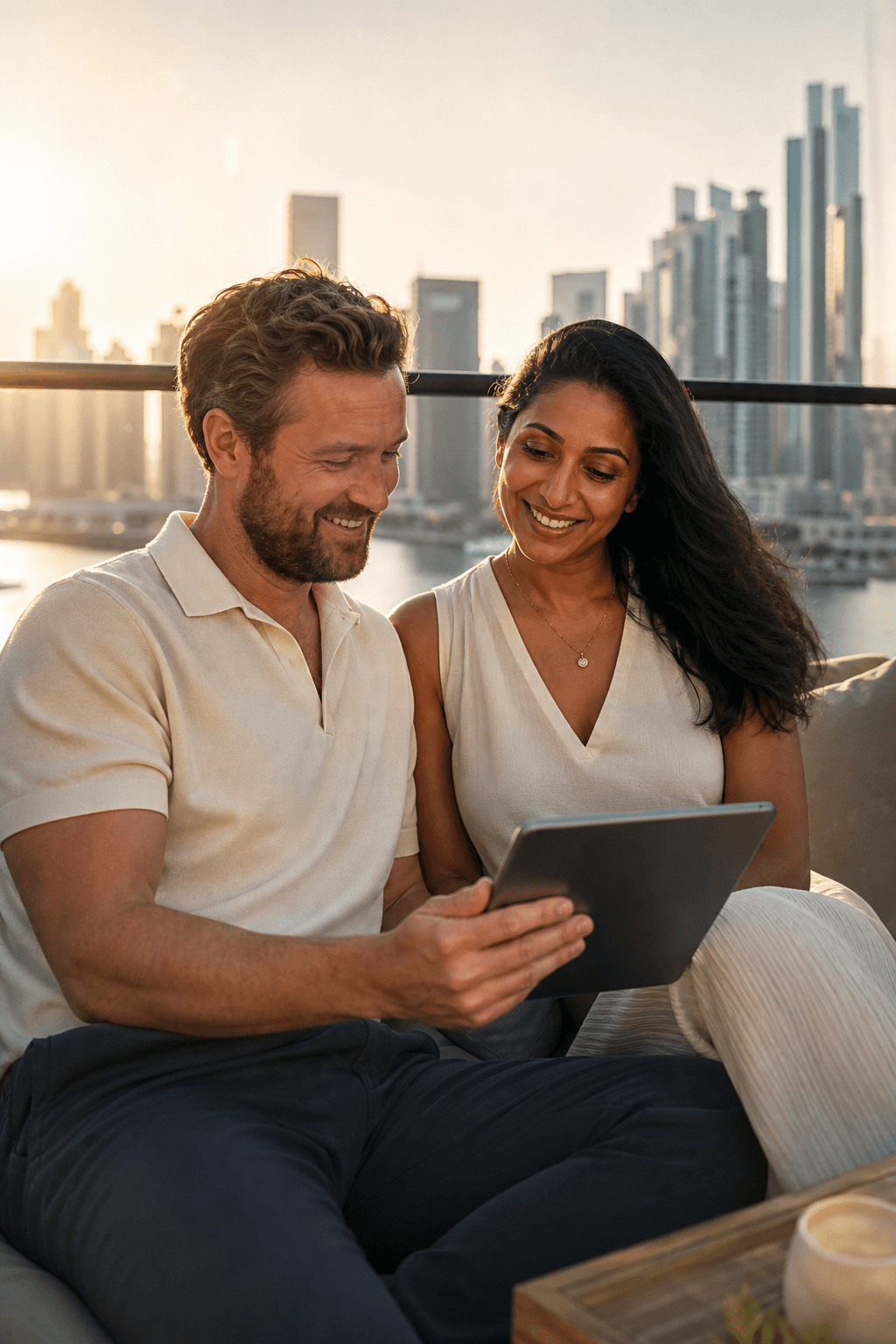A British and Indian couple living abroad, reviewing plans together on a sunlit balcony, staying connected to UK property from wherever they call home