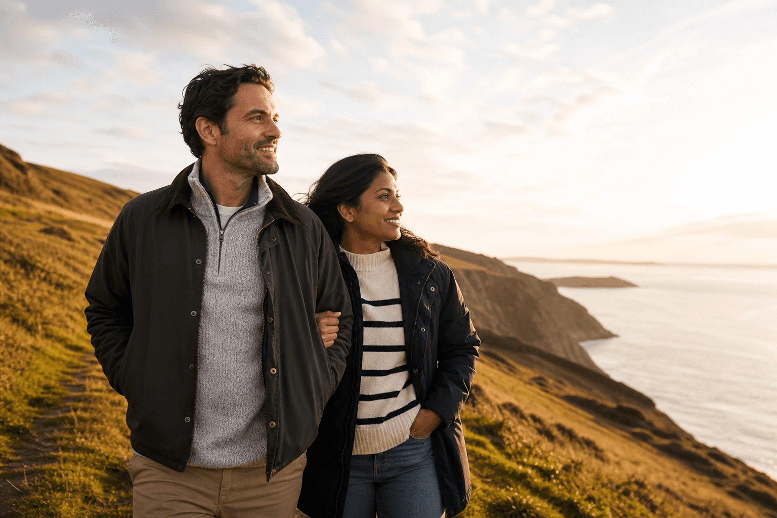 A British and Indian couple walking a coastal path at golden hour, looking toward a future shaped by thoughtful investing