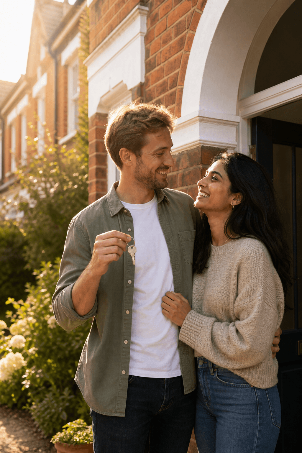 A British and Indian couple celebrating with the keys to their new home