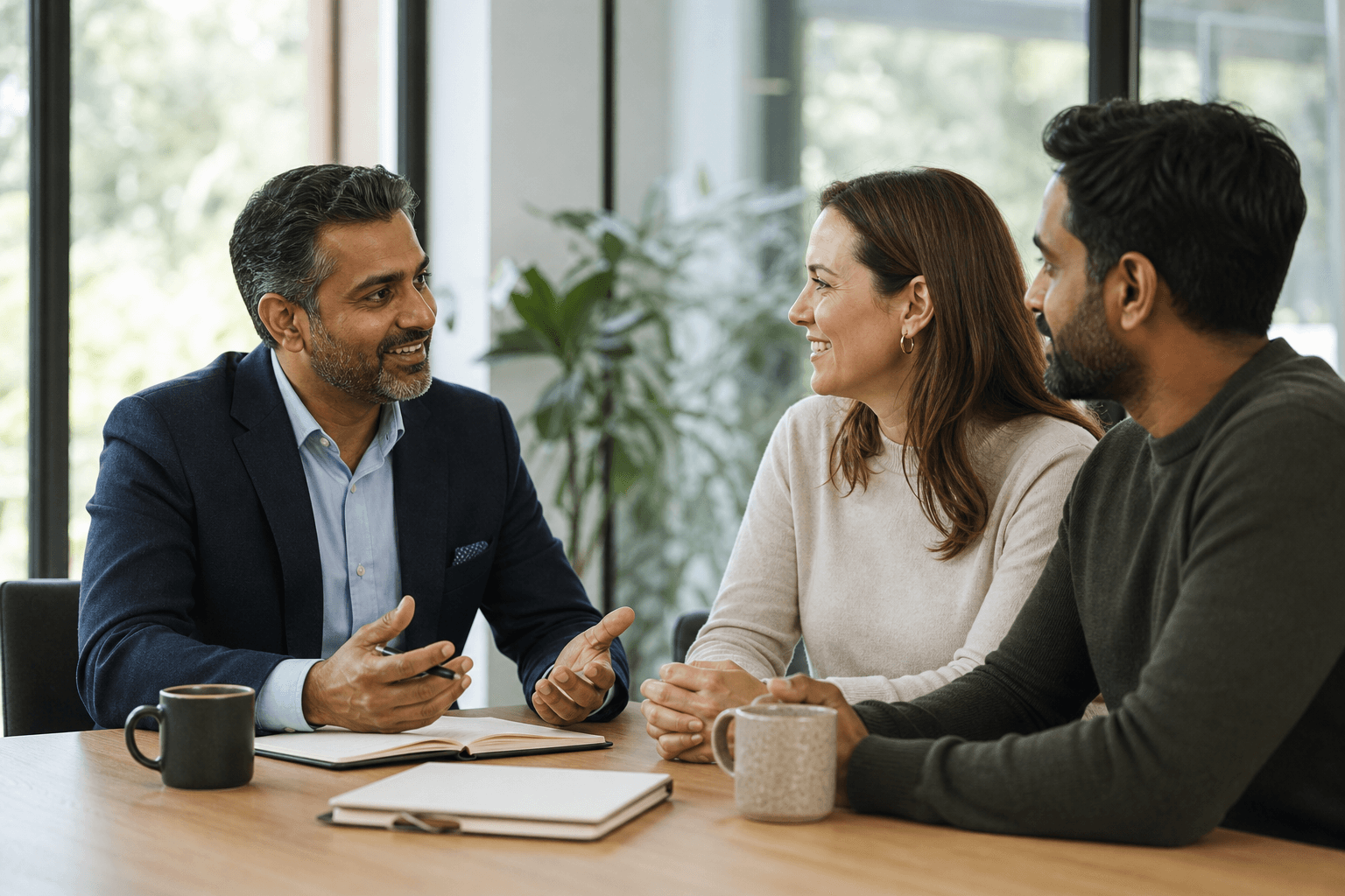 A British and Indian couple in a meeting with their adviser, receiving clear, trusted tax planning guidance