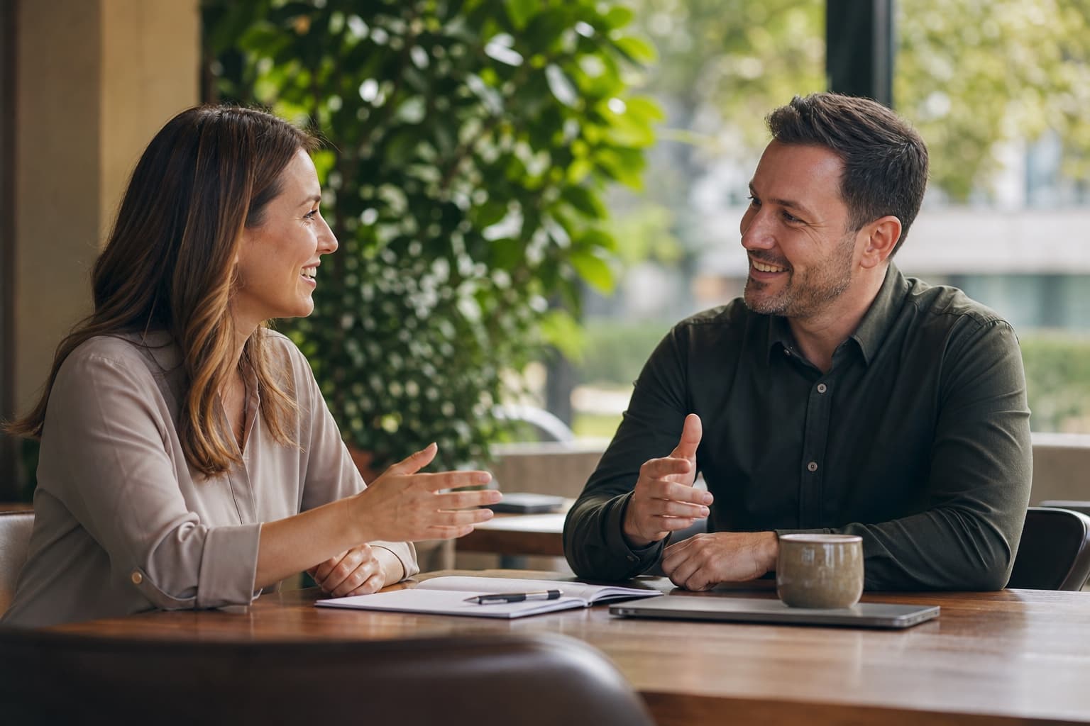 Two advisers in a warm, friendly conversation in a bright office