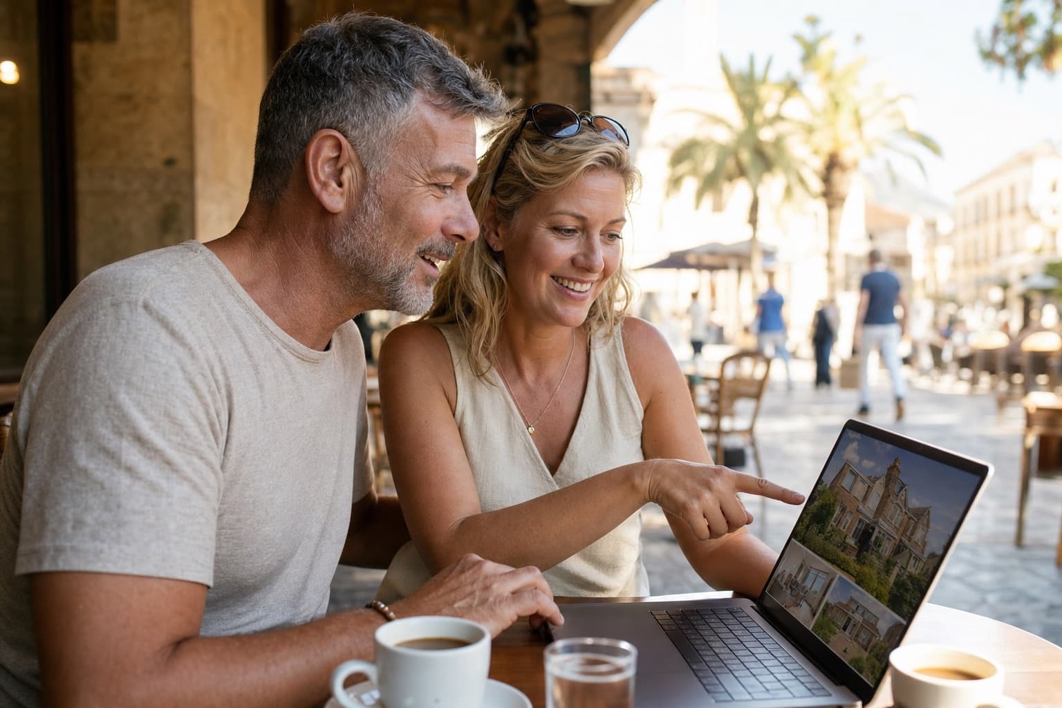 An expat couple reviewing UK property options together while living abroad