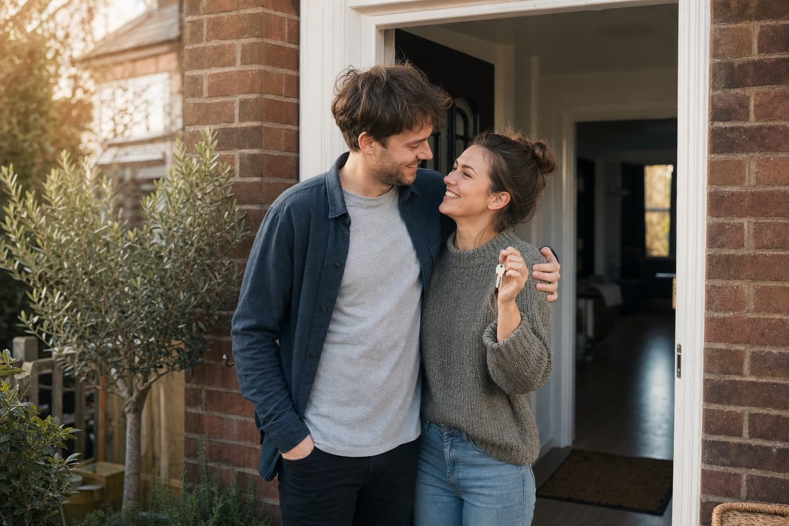 A young couple celebrating with house keys outside their new home