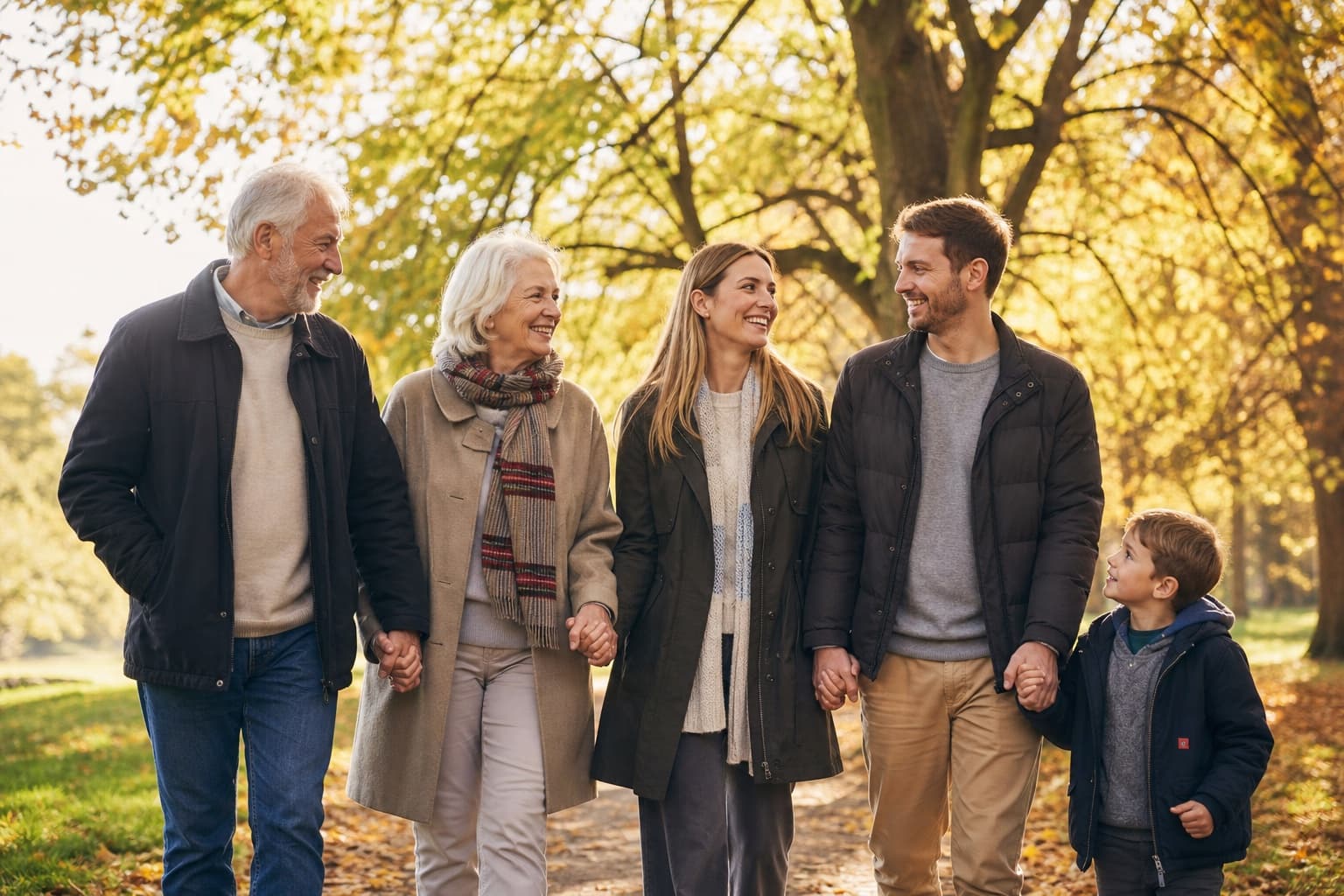 A multi-generational family walking together through a park in autumn