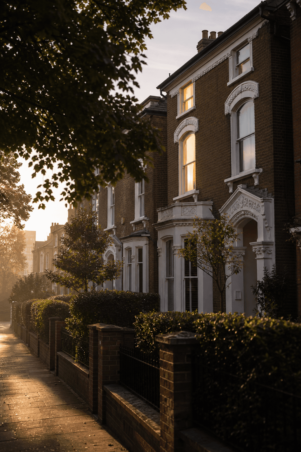 A Victorian townhouse at golden hour with a warm light in the window, capturing the moment a time-sensitive deal is secured
