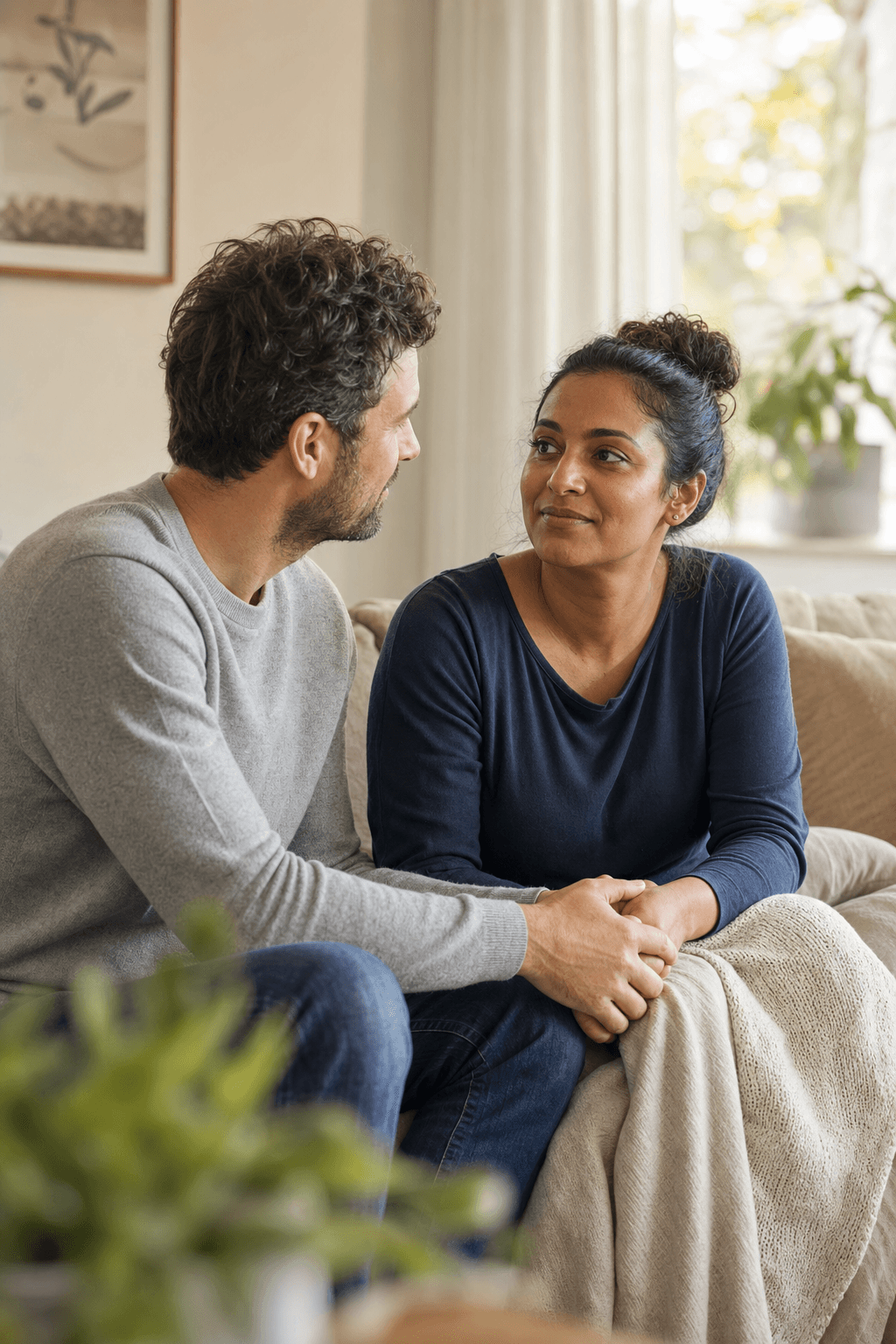 A couple supporting each other through a difficult chapter, with the breathing space critical illness cover can provide