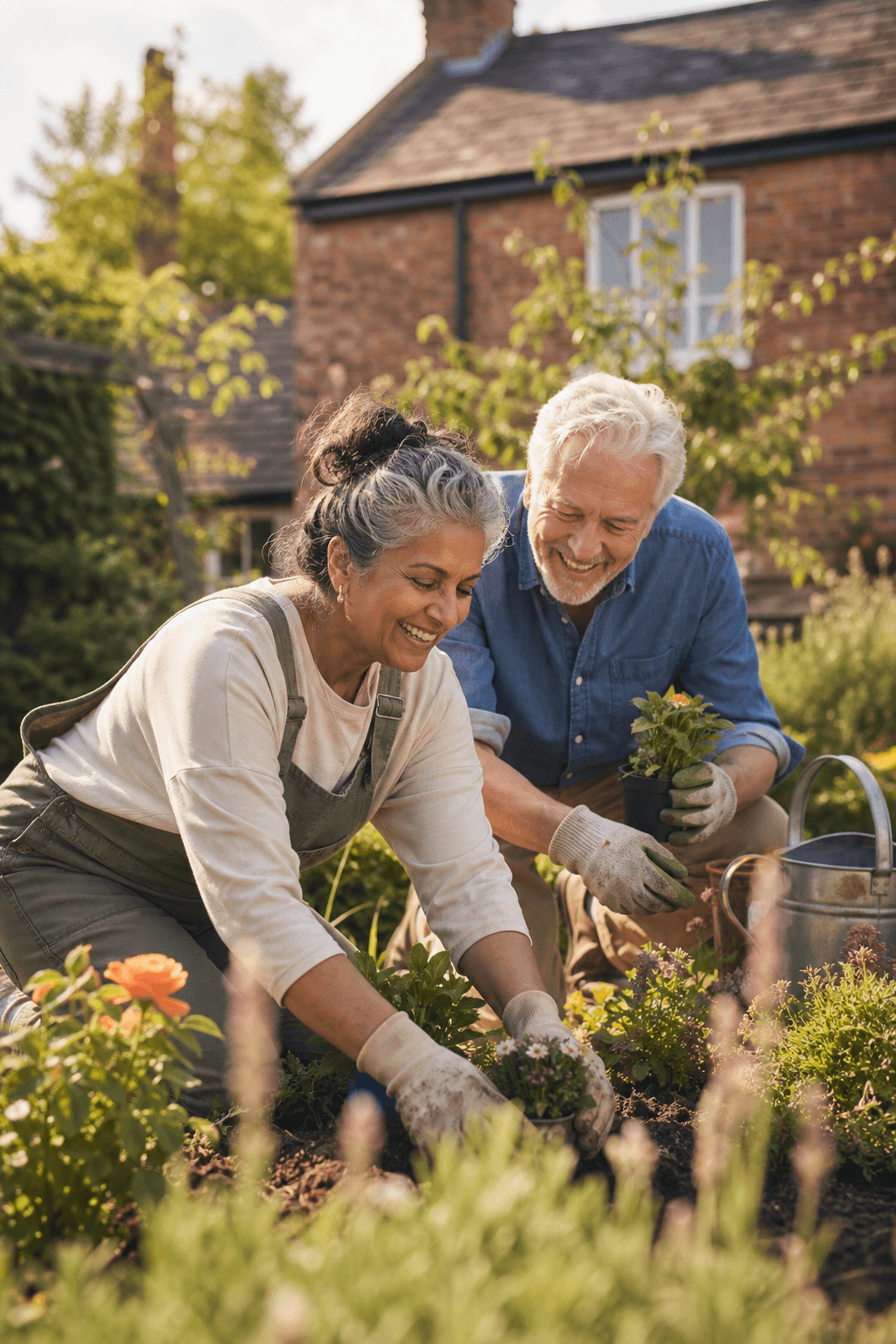 A British and Indian senior couple gardening together outside their home, enjoying later life with the freedom equity release can unlock