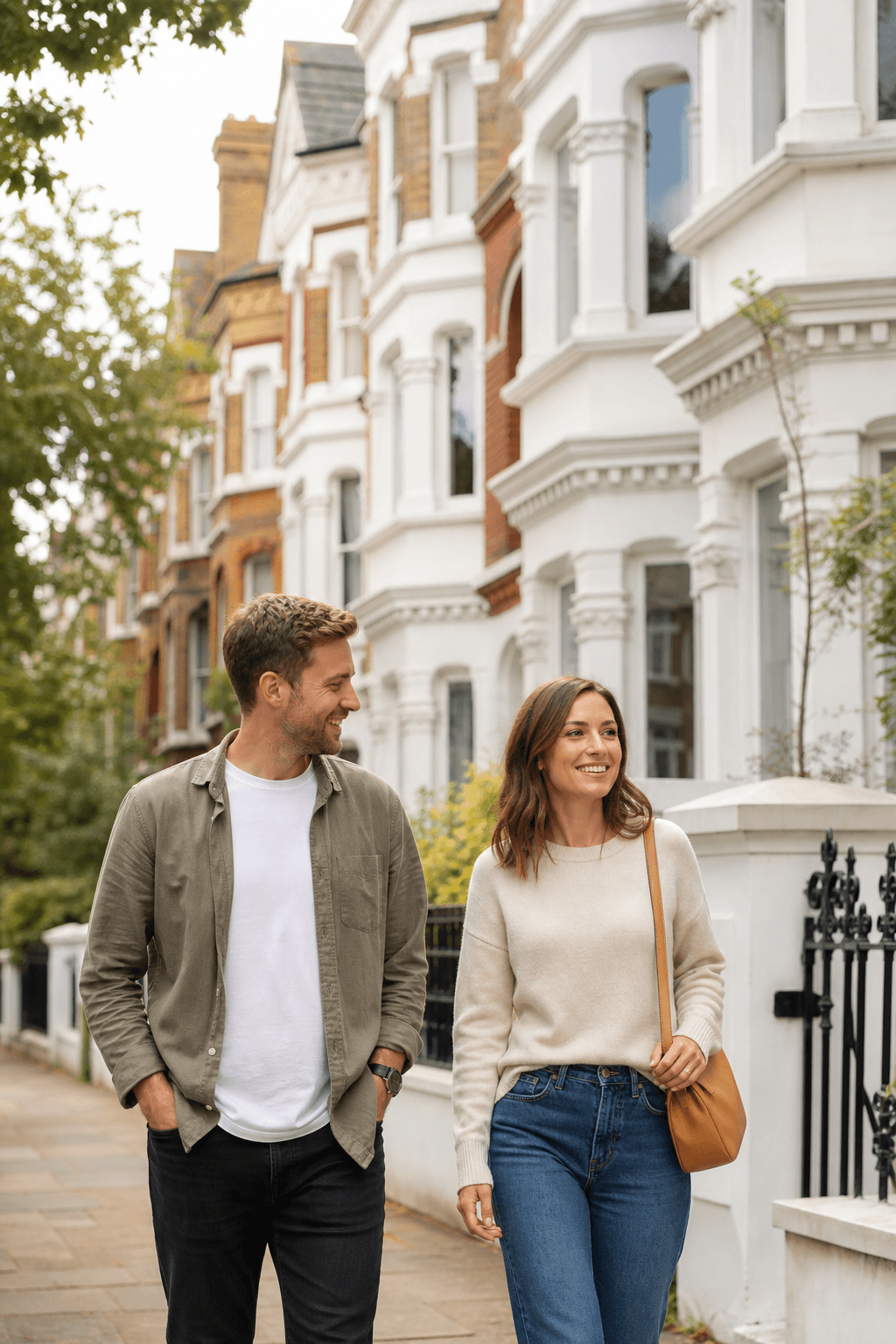 A couple walking a residential street with confidence, living the lifestyle enabled by a well-financed HMO portfolio