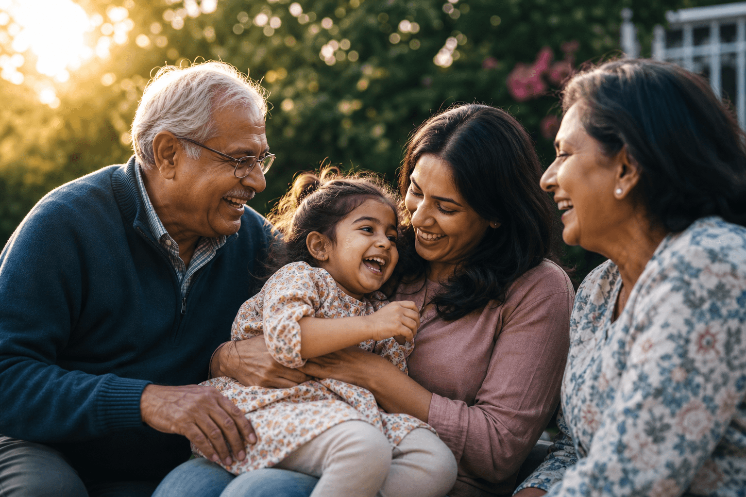 A multi-generational family sharing a warm garden moment, representing the legacy inheritance tax planning helps protect