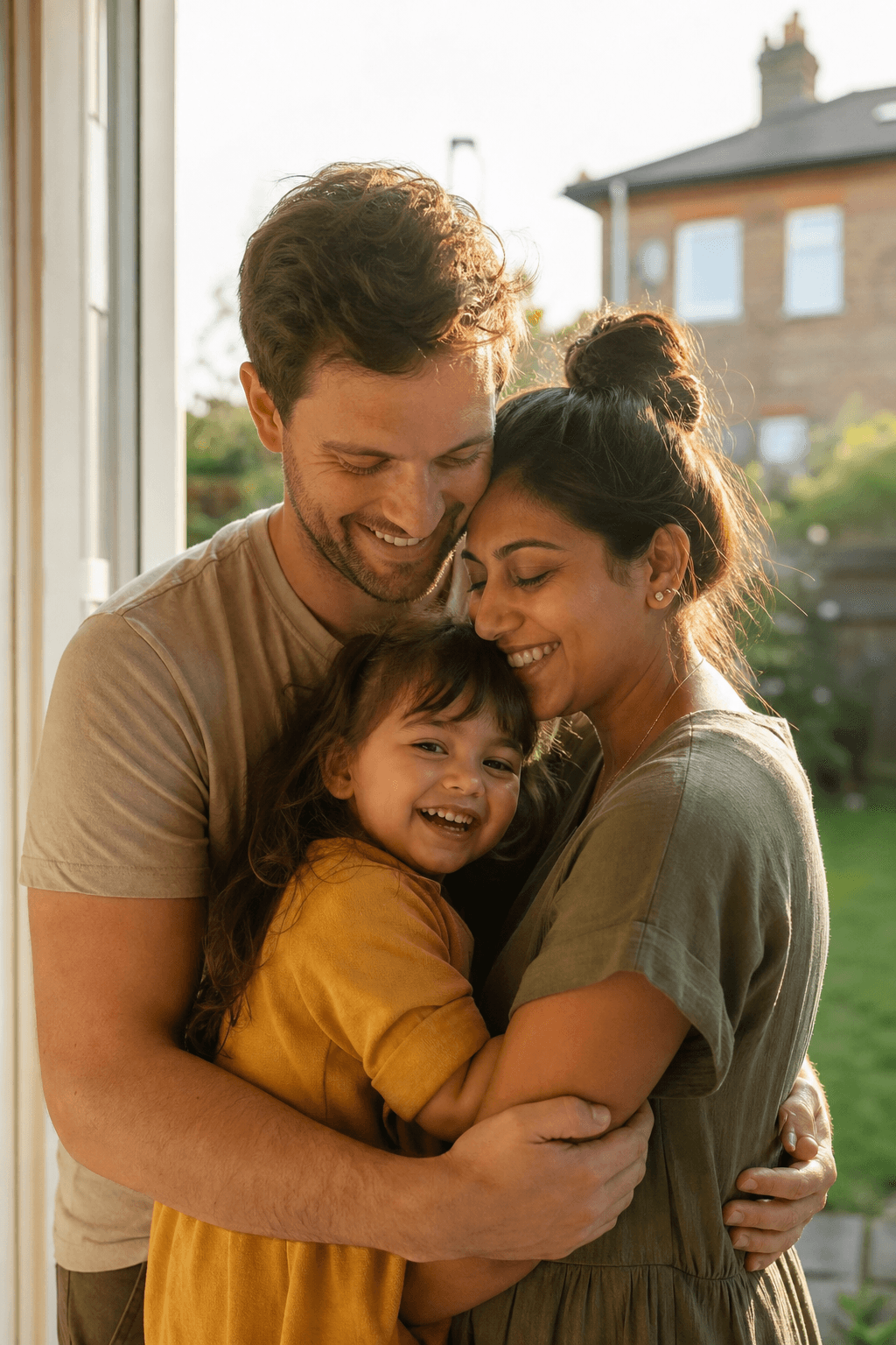 A British and Indian family sharing a warm hug at home, illustrating the people life cover protects